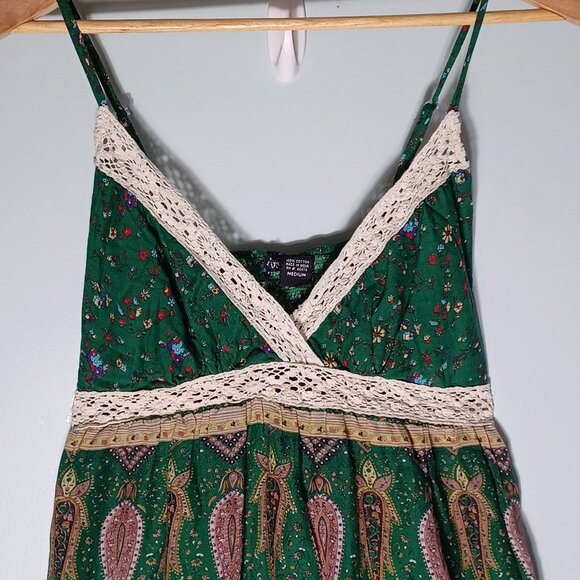 Womens Boho Midi Dress Medium Green Paisley Hippie Fairycore Festival Peasant - Picture 2 of 9